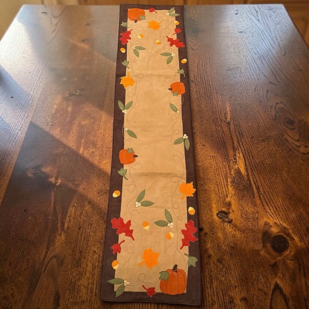 Harvest HomeGoods Pumpkin Leaves Table Runner Faux Suede Fall Decor 54.5"